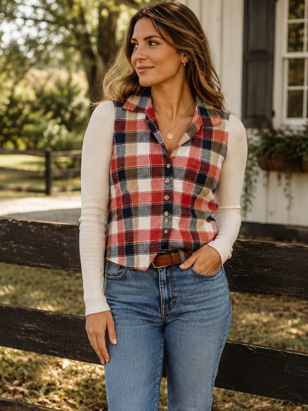 Vintage Plaid Button Front Vest Medium Red Black Cream Americana Western Country